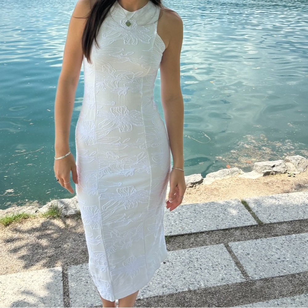 Zara White Floral Midi Sheath Dress